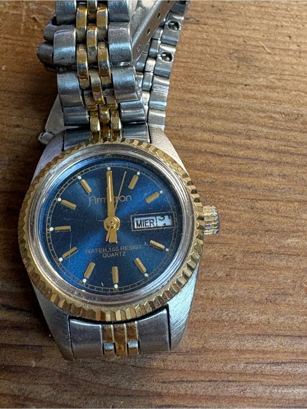 Armitron Blue Dial Two-Tone Gold & Silver Bracelet Watch reliable new battery